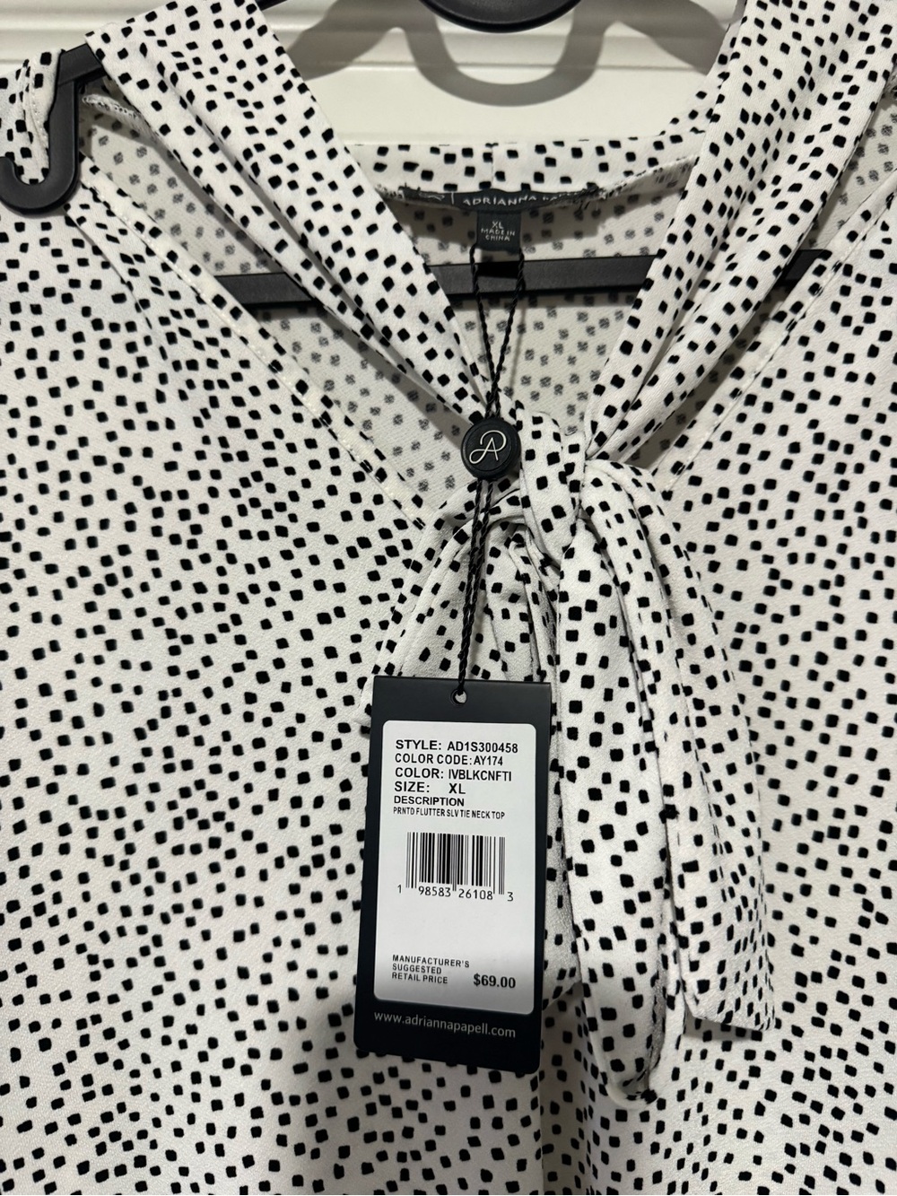 Adrianna Papell White Blouse with Black Dot Tie-Neck